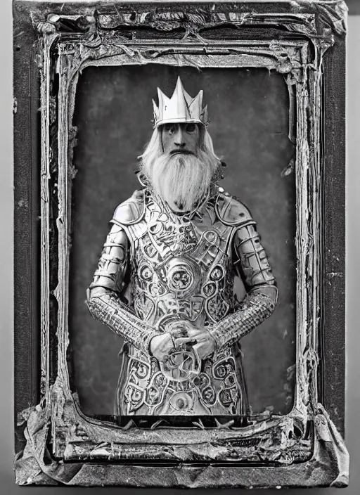 Prompt: old wetplate daguerreotype frame portrait of a futuristic silver armored king arthur with white hair and beard emperor district 9 cyborg, fractal, intricate, elegant, highly detailed, subsurface scattering, by jheronimus bosch and greg rutkowski and louis jacques mande daguerre