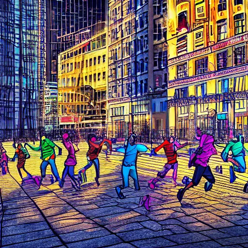 Prompt: bunch of people running away from a bitcoin giant in the city, hyper detailed, hdr, 8 k, bright colors