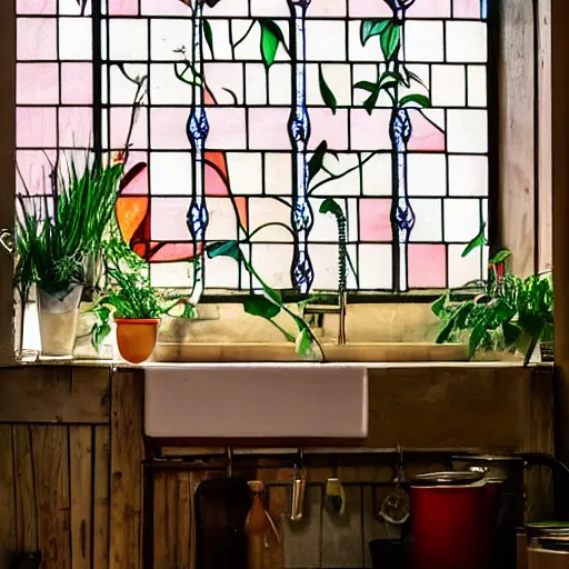 Prompt: kitchen with morning light filtering through stained glass window above rustic sink surrounded in plants in pots of various colours, studio giblhi, japanese animation, lo - fi