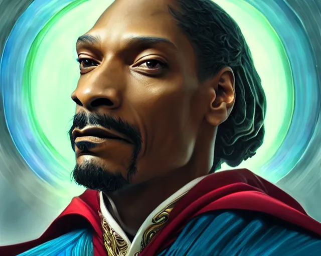 Image similar to snoop dogg doctor strange, refractions, fantasy, intricate, elegant, highly detailed, digital painting, artstation, concept art, matte, sharp focus, illustration, hearthstone, art by artgerm and greg rutkowski and alphonse mucha