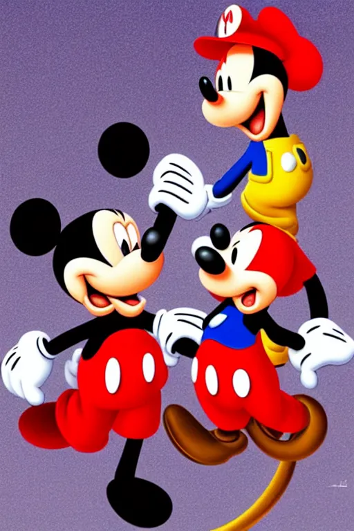 Image similar to Mickey Mouse and Mario from super Mario holding each other‘s hand