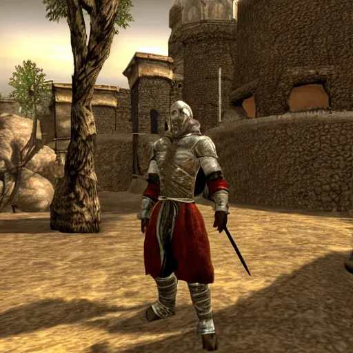 Image similar to attacking screenshot of george st. pierre in morrowind, imperial armor, pc graphics, npc talking, wilderness, 7 2 0 p, elder scrolls iii, detailed, dialog text