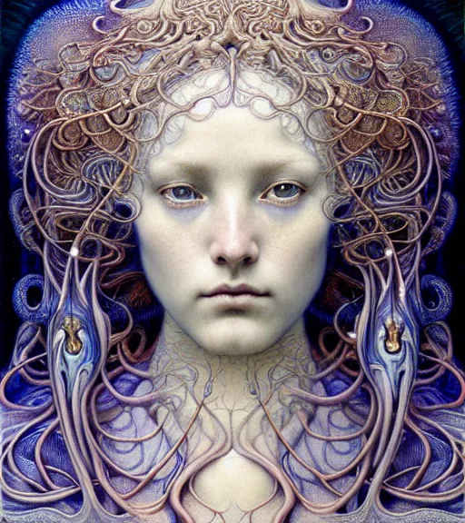 Image similar to detailed realistic beautiful opalescent goddess face portrait by jean delville, gustave dore, iris van herpen and marco mazzoni, art forms of nature by ernst haeckel, art nouveau, symbolist, visionary, gothic, neo - gothic, pre - raphaelite, fractal lace, intricate alien botanicals, biodiversity, surreality, hyperdetailed ultrasharp octane render