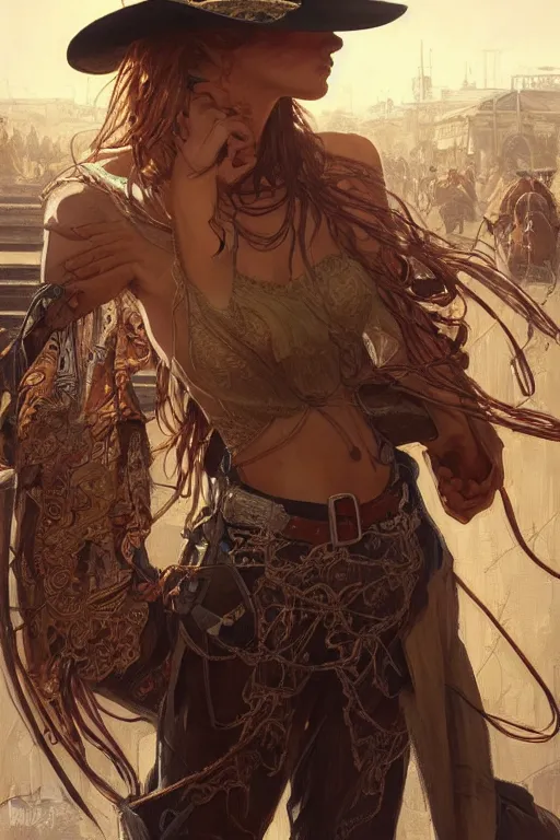 Image similar to Ultra realistic illustration of cowboy, spaghetti western, train station, hot day, intricate, elegant, highly detailed, digital painting, artstation, concept art, smooth, sharp focus, art by artgerm and greg rutkowski and alphonse mucha