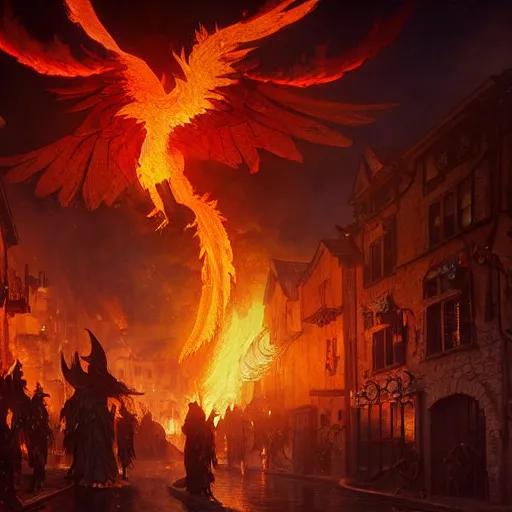 Prompt: Phoenix in fire flying through a medieval town by night, DnD character, unreal engine, octane render, dramatic lighting, pond, digital art, by Stanley Artgerm Lau, greg rutkowski, thomas kindkade, alphonse mucha, loish, norman Rockwell