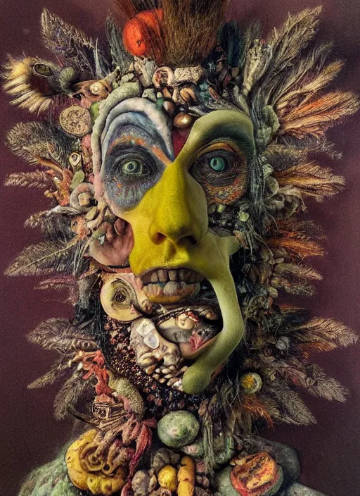 Prompt: a surrealist painting of a trippy shaman's face, 3 d render, in the style of giuseppe arcimboldo, symbolist, soft colors, dramatic lighting, smooth, sharp focus, extremely detailed, aesthetically pleasing composition, octane render