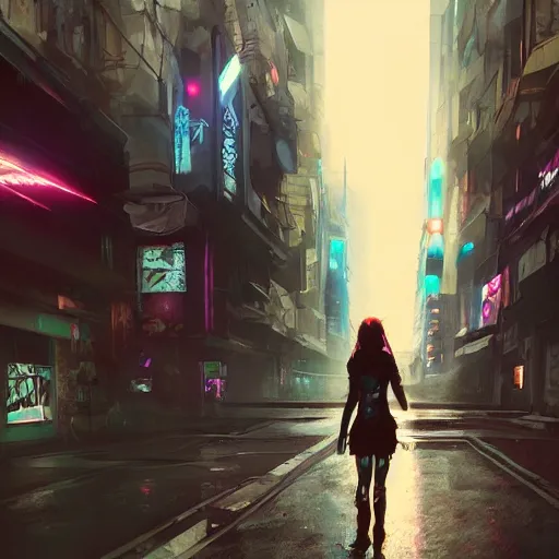 Cyberpunk girl in modern city by the road side with people walking