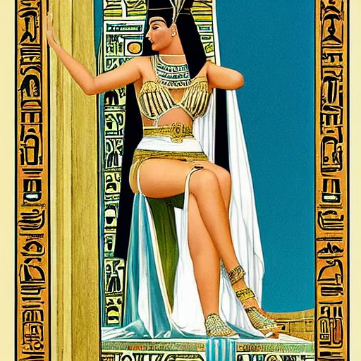 Image similar to Cleopatra sitting on her throne Egyptian architecture Monica Bellucci painted by Alberto Vargas