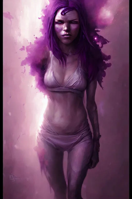 Image similar to character art by bastien lecouffe - deharme, young woman, purple hair, glowing purple eyes