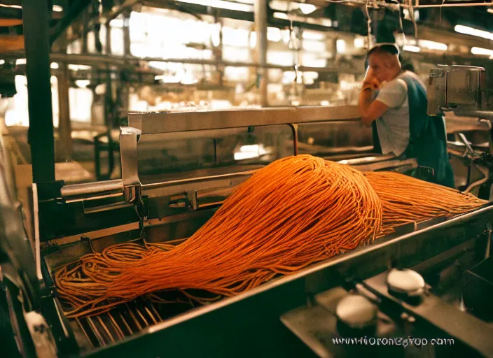 Image similar to a factory where people are processing fresh spaghetti, canon 5 0 mm, cinematic lighting, photography, retro, film, kodachrome, closeup