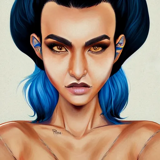 Image similar to illustrated realistic portrait of swept-back prong-horned devil woman with blue bob hairstyle and her tan colored skin and with solid black eyes wearing leather by rossdraws