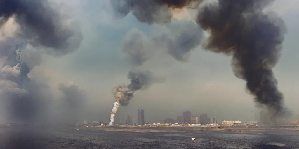 Image similar to extremely beautiful day time photograph of smoke clouds in the style of cai guo - qiang, muted soft colors, chinese paintings, colored smoke clouds, river and city, the sky is gray, landscape, chinese artist cai guo qiang, explosion, explosive, art, fine art, hd, very very beautiful