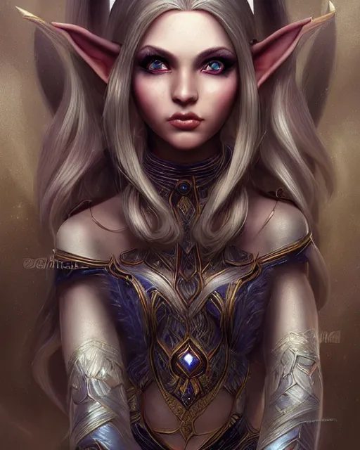 Prompt: beautiful female elf with shimmering hair, symmetrical face and eyes, by Jana Schirmer, cgsociety