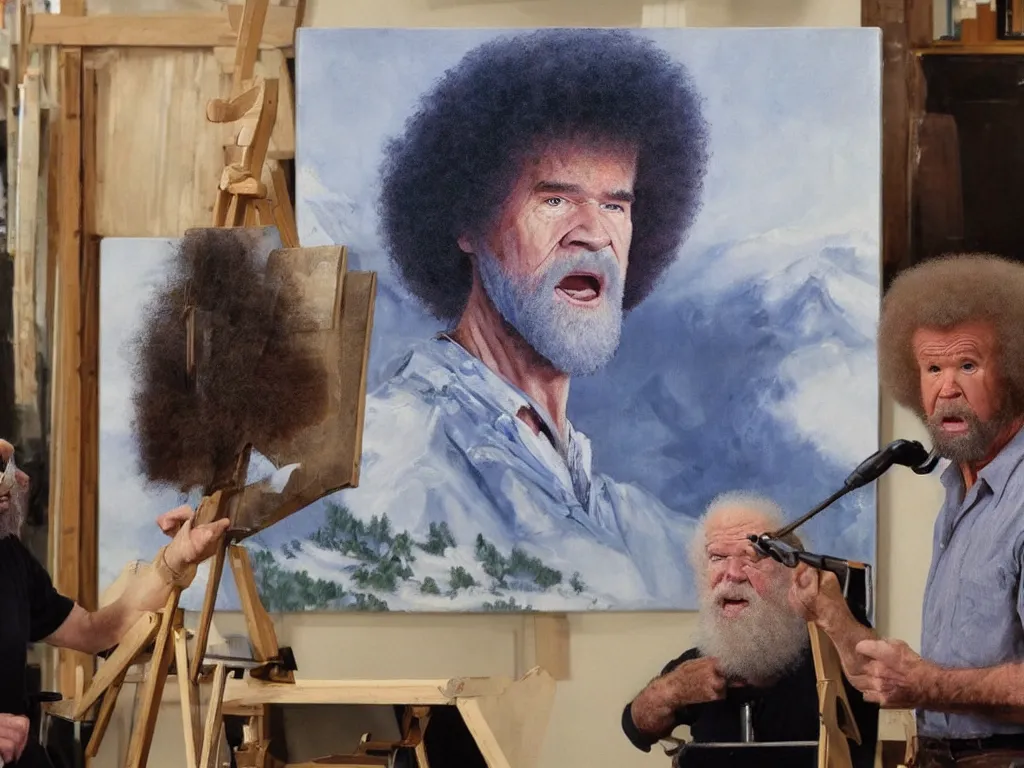 Image similar to old bob ross is sad and angry and yelling at a huge painting by bob ross