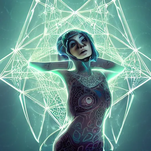 Prompt: intricate holographic quantum ghostwave entanglement goth girl in a sacred geometry cube made of microcircuitry and transistors in a glowing deap sea by nekro, trending on artstation, cgsociety 4 k