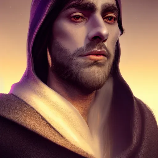 Image similar to a highly detailed portrait of a man with purple eyes, light gray long hair, beardless, no beard, wearing a black cloak, artstation, DeviantArt, professional, octane render