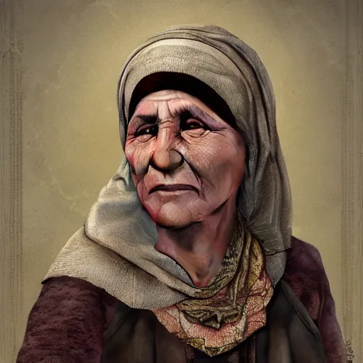 Image similar to hyperrealistic mixed media high resolution image of a beautiful Kurdish grandmother, stunning 3d render inspired art by István Sándorfi and Greg Rutkowski and Unreal Engine, perfect symmetry, dim volumetric lighting, 8k octane beautifully detailed render, post-processing, extremely hyper-detailed, intricate, epic composition, highly detailed attributes, highly detailed atmosphere, full body shot, cinematic lighting, masterpiece, trending on artstation, very very detailed, masterpiece, stunning, flawless structure, lifelike texture, perfection,