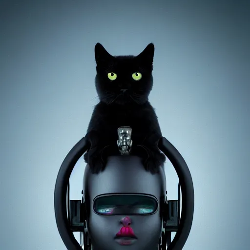 Prompt: A black cat on the shoulder of a robot Witch. beautiful professional close up, centered portrait photograph.. octane render, extremely detailed, cinematic lighting, 8k, cinematic movie photograph, closeup portrait, cgsociety, award-winning art, excellent composition, by Andree Wallins.