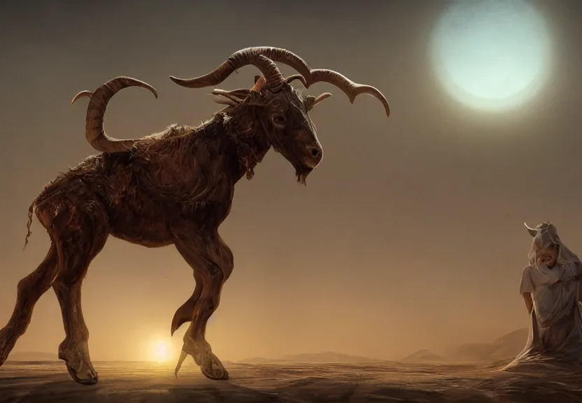 Prompt: terrific jinn demon in middle of desert with hoof on his feet and goat face with long cloth afraid of beautiful powerful angel, epic, good vs evil, atmosphere, harsh lighting, cinematic lighting,, award wining art, artstation, high details, concept art, 4 k