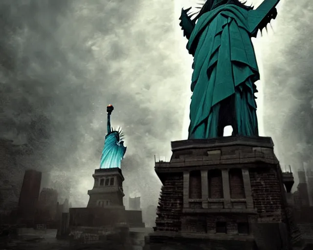 Image similar to Donald Trump attcking the Statue of Liberty in Manhattan, post apocalyptic New York, craig mullins, dramatic lighting, very detailed