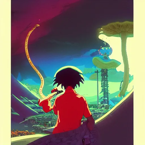 Prompt: shoulder up Portrait of a hyper snakeman smoking an anime cigarette, mushroom hut in background , cel animation by Tokyo Movie Shinsha and Greg rutkowski, psychedelic, post-processing , IMAX , vibrant colors , award-winning masterpiece 20 years in the making