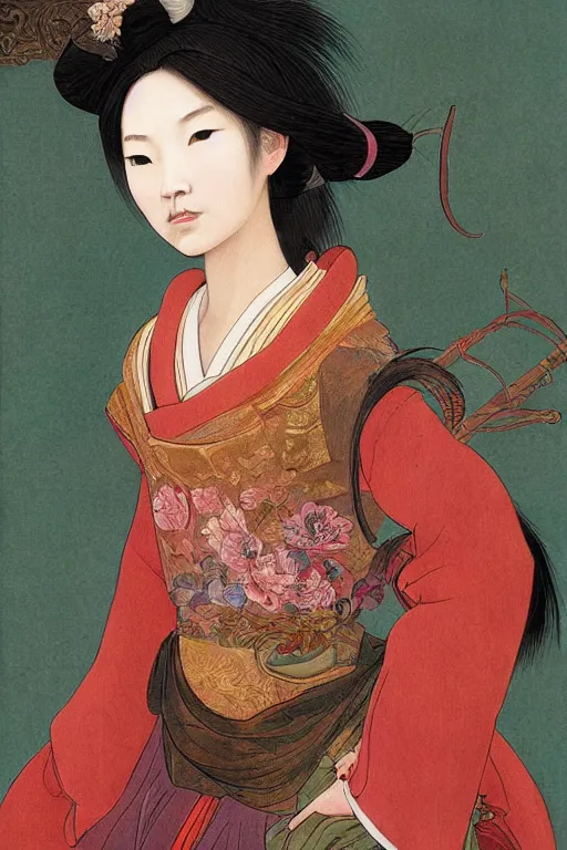 Image similar to Baroque painting of a Mulan, inspired by Gustav Moreau and Wayne Barlowe, exquisite detail, hyper realism, ornate, exquisite detail, cute face