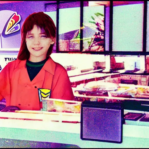 Prompt: an anime person working at a tacobell in the 80s with vhs filter