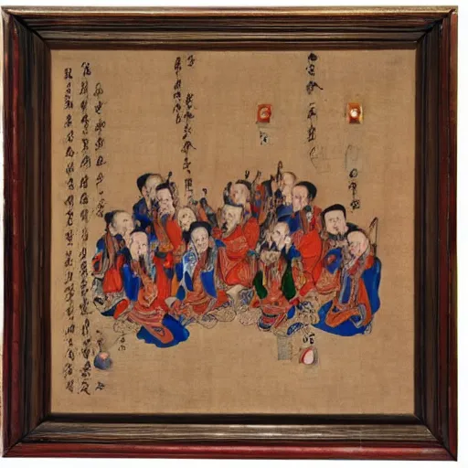 Prompt: painting of a group of Jesuits drawing on Chinese scrolls, 15th century European fine art, masterpiece, oil on canvas, by rafael