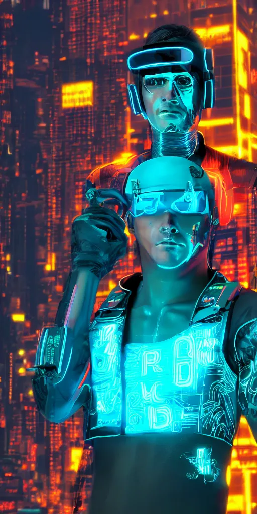 Image similar to cyberpunk neon man with visor ultrarealism