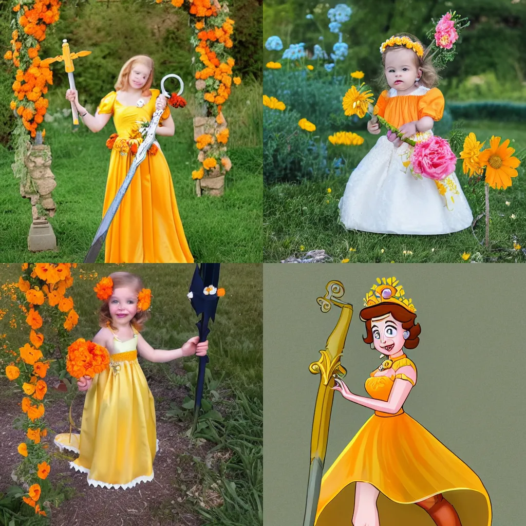 Prompt: Princess Daisy in a yellow and orange dress holding a floral sword
