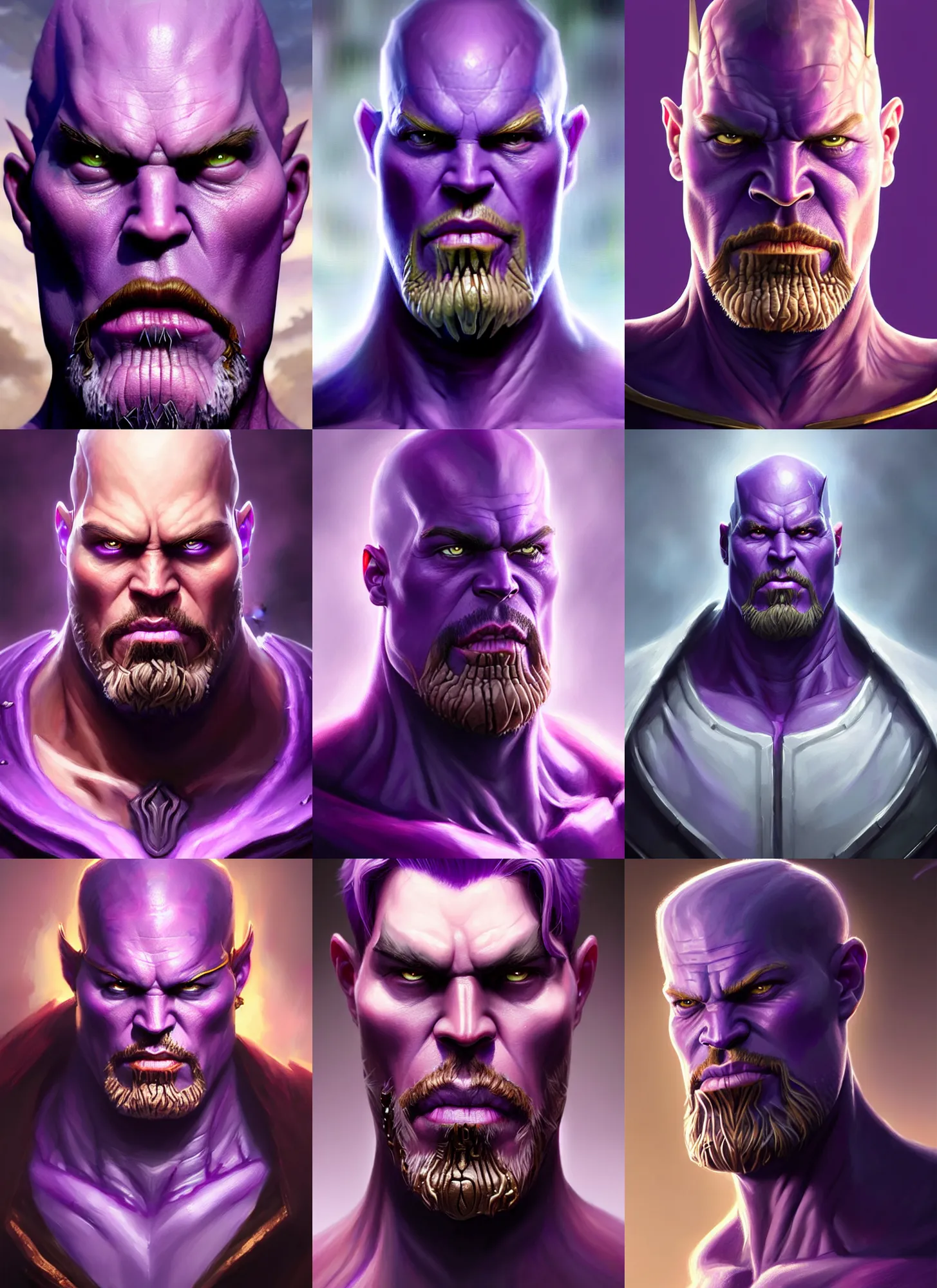 Prompt: a fantasy style portrait painting a character if john cristopher depp ii and thanos had a son, purple skin, powerful chin, thanos style traits, painting, unreal 5, daz., rpg, portrait, extremely detailed, artgerm greg rutkowski _ greg