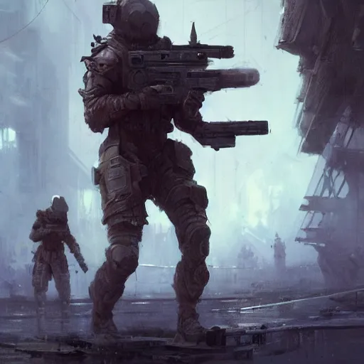 Image similar to concept art by greg rutkowski, soldiers in futuristic tactical gear, running around the outside of a space colony, futuristic, brutalistic environment, scifi, detailed and intricate environment, reddish lighting, stressful atmosphere, high technology, highly detailed portrait, digital painting, artstation, concept art, smooth, sharp foccus ilustration, artstation hq.