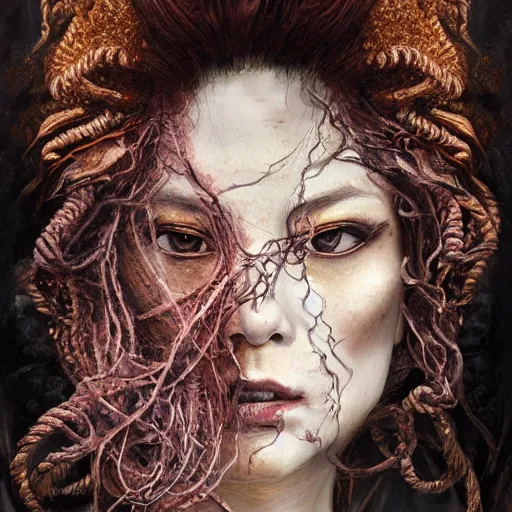 Image similar to portrait of a Shibari rope wrapped face and neck, headshot, insanely nice professional hair style, dramatic hair color, digital painting, of a old 13th century, traveler, amber jewels, baroque, ornate clothing, scifi, realistic, hyperdetailed, chiaroscuro, concept art, art by Franz Hals and Jon Foster and Ayami Kojima and Amano and Karol Bak,