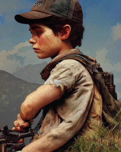 Image similar to side portrait of an Appalachian boy playing with a dusty cap gun, detailed features, dirt, Appalachian mountains, sharp focus, illustration, highly detailed, oil painting, matte, art by Greg Rutkowski and Alphonse Mucha, masterpiece