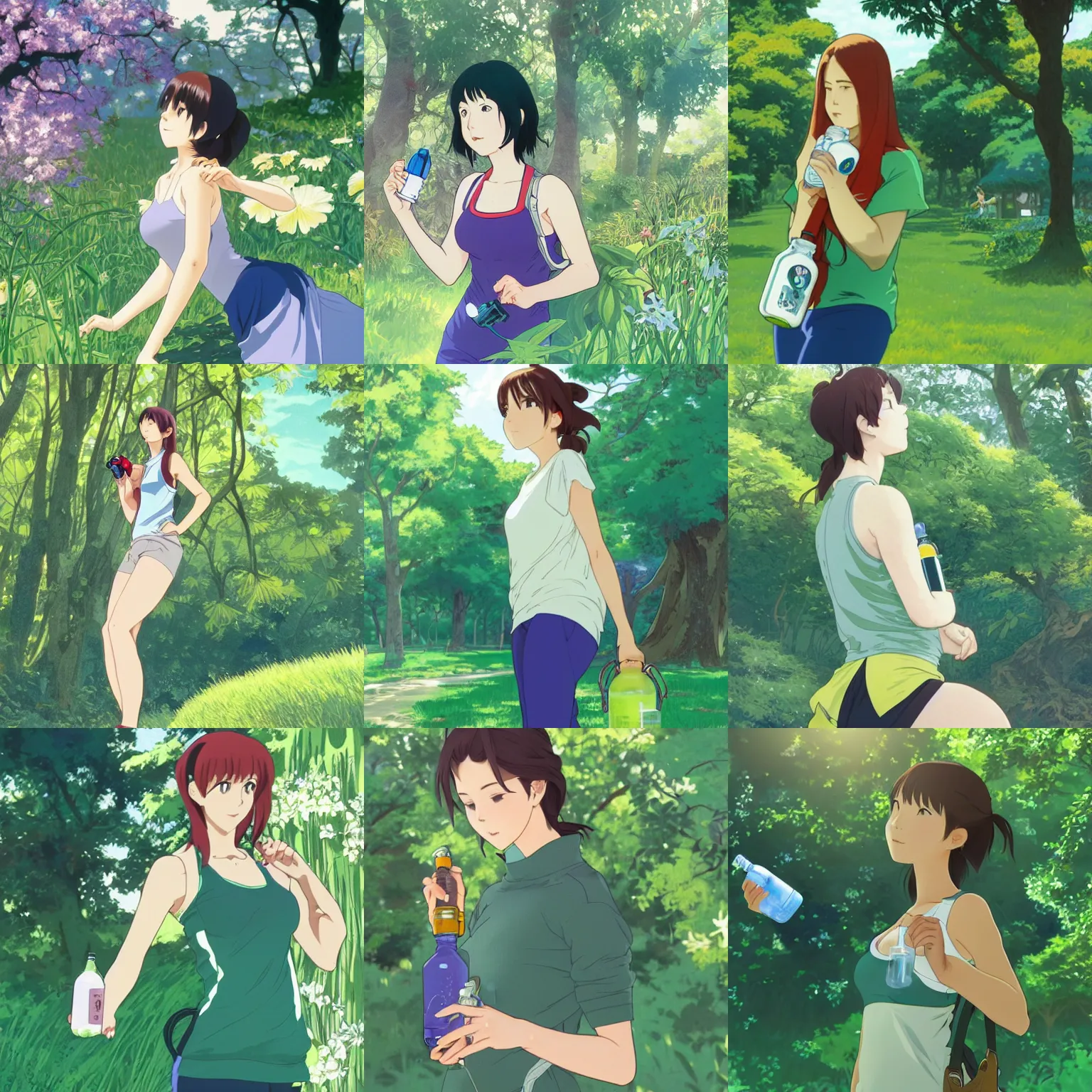Prompt: Full body portrait of a woman wearing sportswear drinking from a water bottle in a lush green park, detailed, artstation, by Kyoto Animation and Studio Ghibli, by Makoto Shinkai and Alphonse Mucha