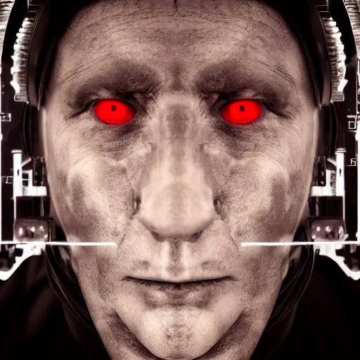 Image similar to portrait of a cybernetic madman, portrait photography, 4k, cyberpunk, 50mm lens,,