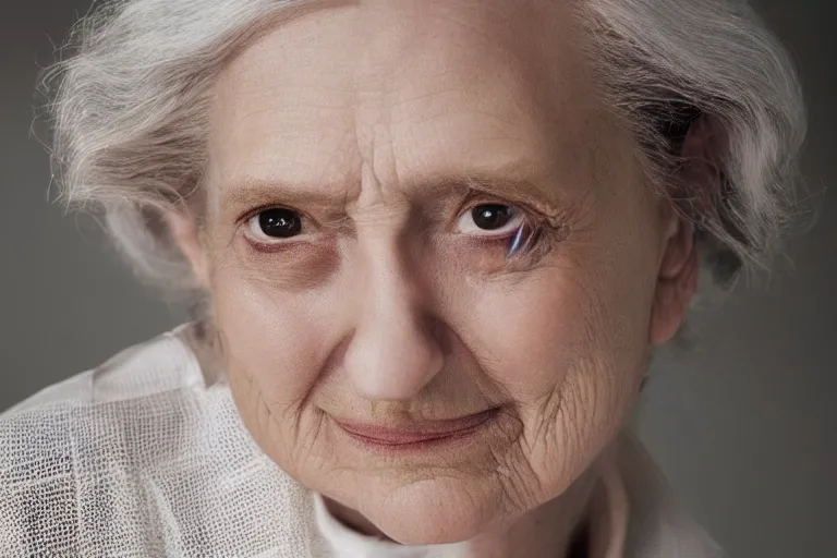 Image similar to a realistic studio cinematic headshot portrait of a beautiful old woman, wearing futuristic white suit, ceo, 4 k, ultra realistic, dramatic lighting, vogue, fashion, by annie leibovitz