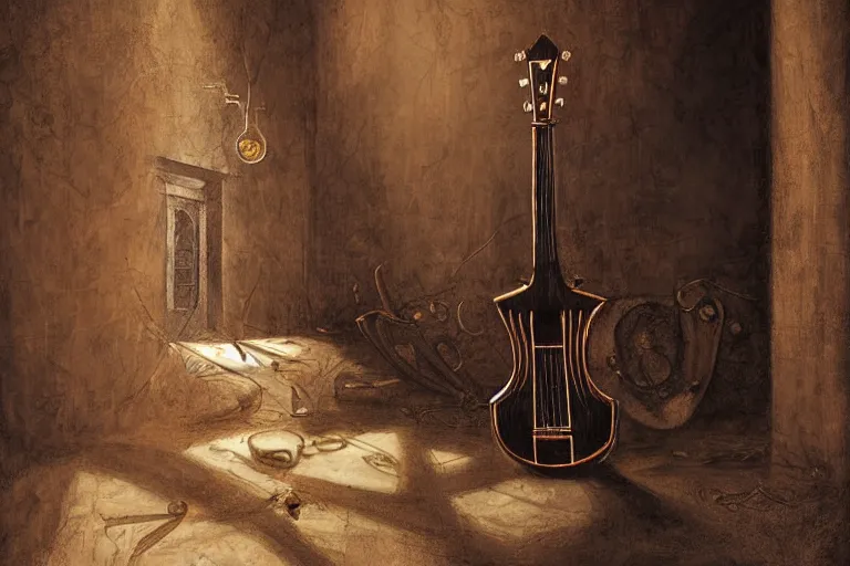 Image similar to still life of a cursed carved wooden lute with ebony inlay and strings of pain, oud, guitar designed by brian froud and hr giger leans against the wall alone, abandoned. an empty brutalist chamber, lonely, somber, a thin wisp of smoke rises from the lute. late afternoon lighting cinematic fantasy painting by jessica rossier
