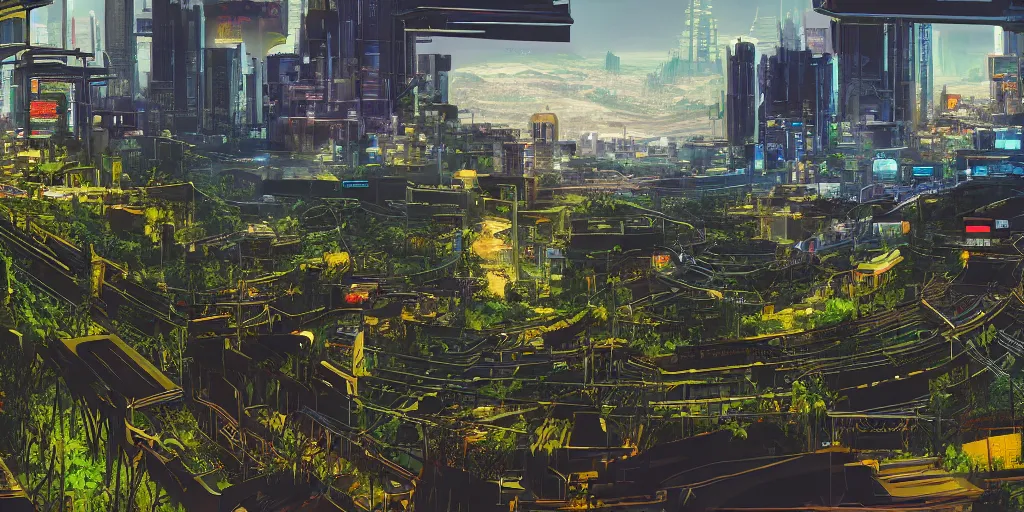 Image similar to a cinematic composition depicting : a computer run cyberpunk and solarpunk world, viewed from the cyberpunk mountain overlooking a hopeful and lush foresty solarpunk valley