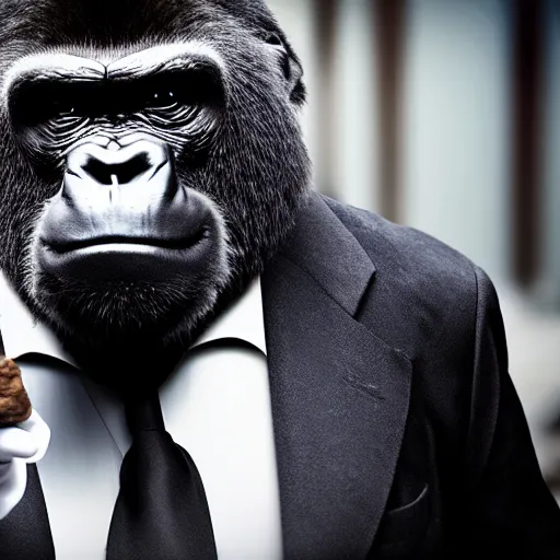 Image similar to a gorilla dressed as a mobster smoking a cigar, cinematic lighting, 4k, realistic