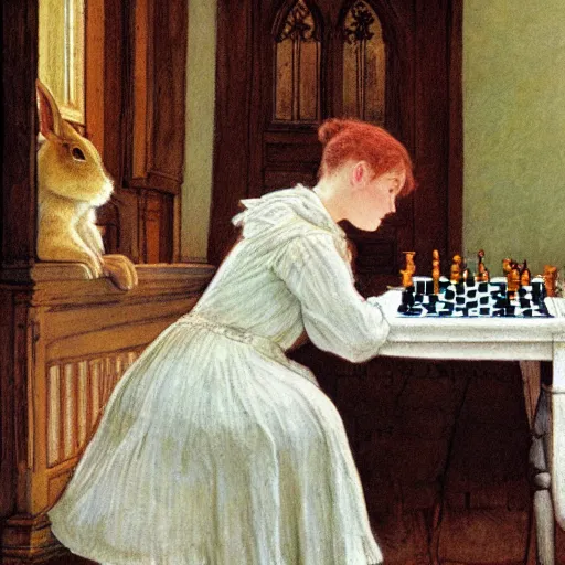 Image similar to a young edwardian woman playing chess against a rabbit inside a church in the style of Carl Larsson