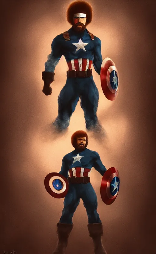 Image similar to bob ross as captain america, dynamic lighting, cinematic, ultra detailed, trending on art station, stunning visuals, creative, fantasy concept art