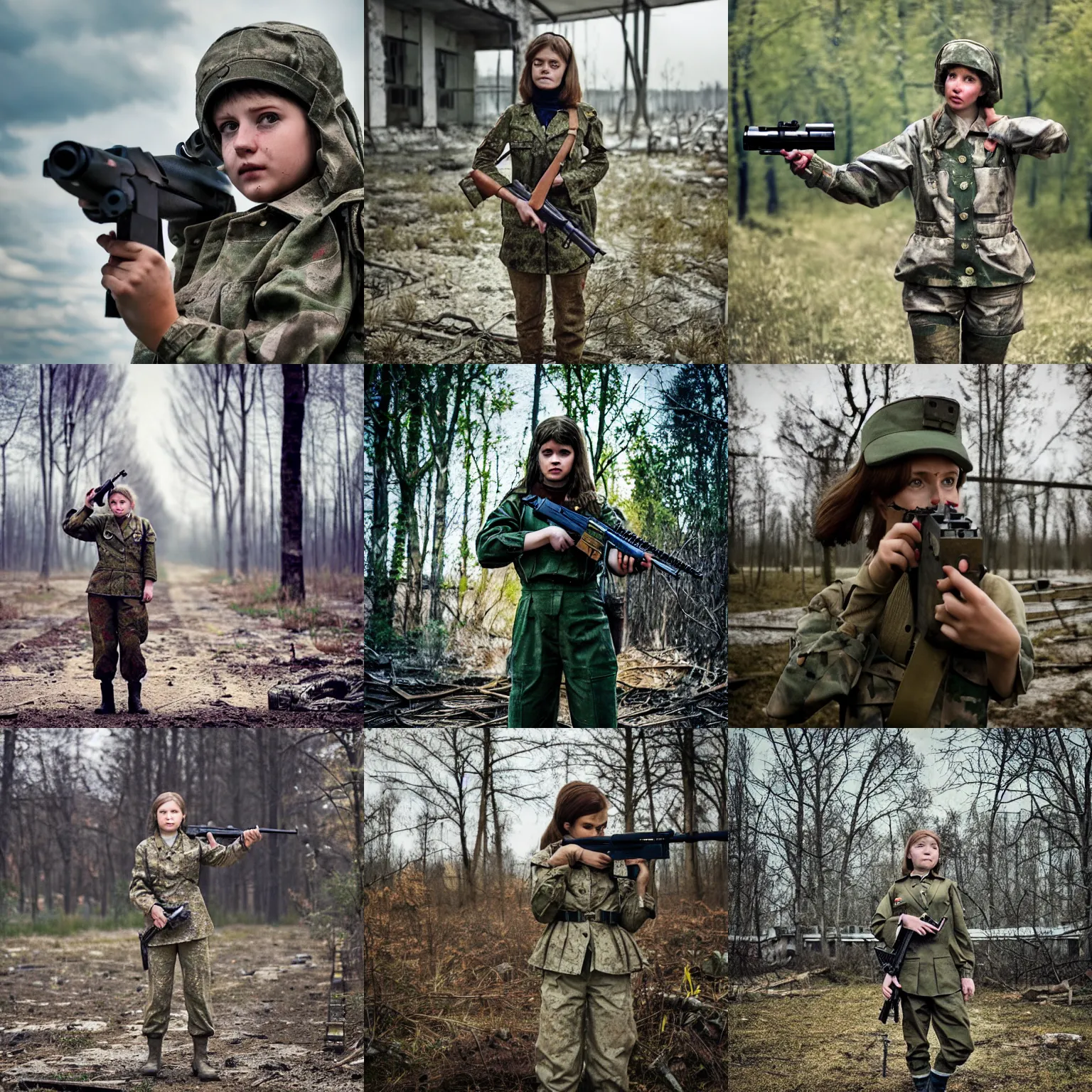 Prompt: girl on Chernobyl, multicam uniform, holding a gun, cinematic photography, epic composition