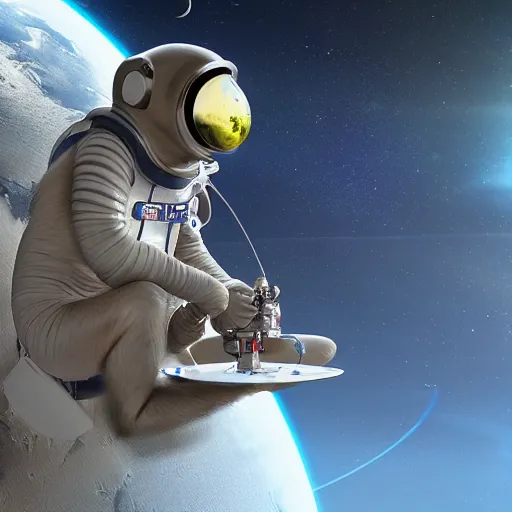 Prompt: a monkey astronaut repairing a satellite in space, hyperrealistic, cinema 4 d, cinematic, artstation