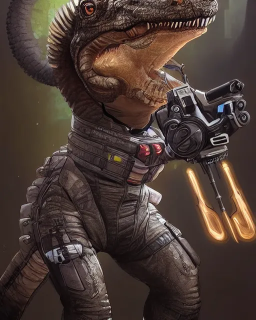 Prompt: TRex as an Apex Legends character digital illustration portrait design by, Mark Brooks and Brad Kunkle detailed, gorgeous lighting, wide angle action dynamic portrait