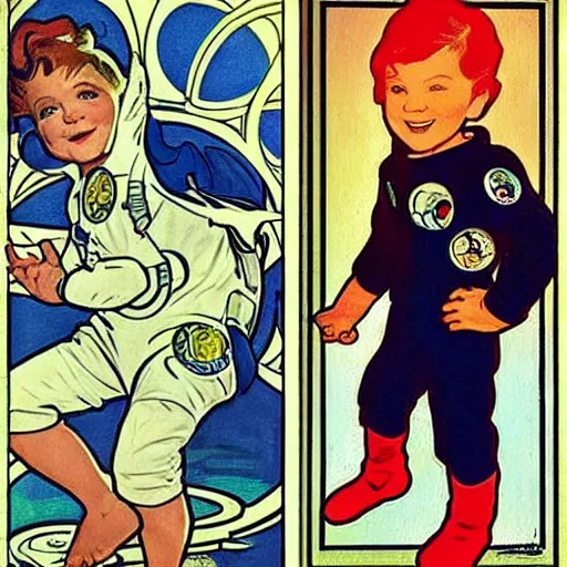 Image similar to a cute little boy with a mischievous face and short ginger hair. he is dressed as an astronaut. well composed, clean elegant painting, beautiful detailed face. comic book art by steve ditko and jack kirby and ( alphonse mucha )