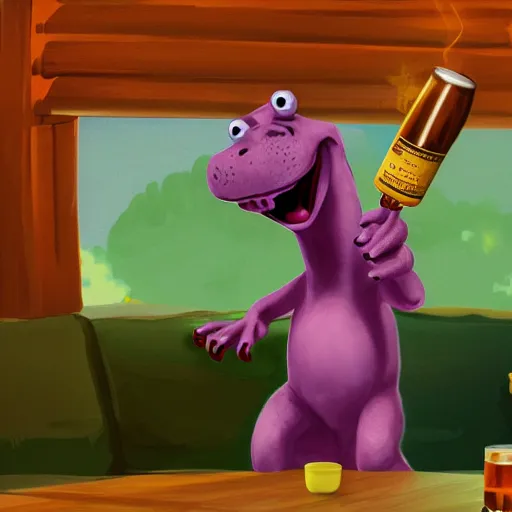 Prompt: still from barney the dinosaur from kids show drinking whisky and smoking a cigar, digital art, trending on artstation