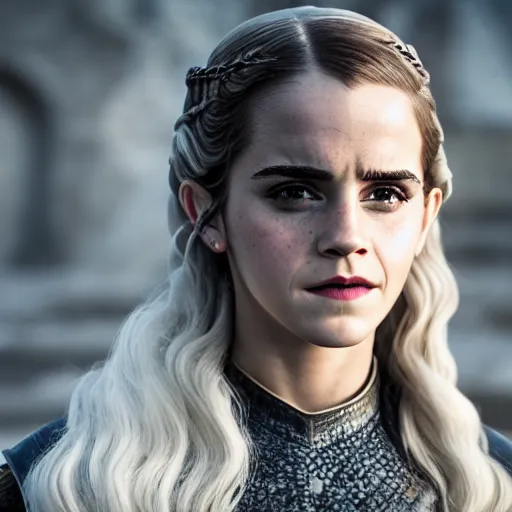 Image similar to Emma Watson as Daenerys Targaryen, XF IQ4, f/1.4, ISO 200, 1/160s, 8K, Sense of Depth, color and contrast corrected, AI enhanced, HDR, in-frame