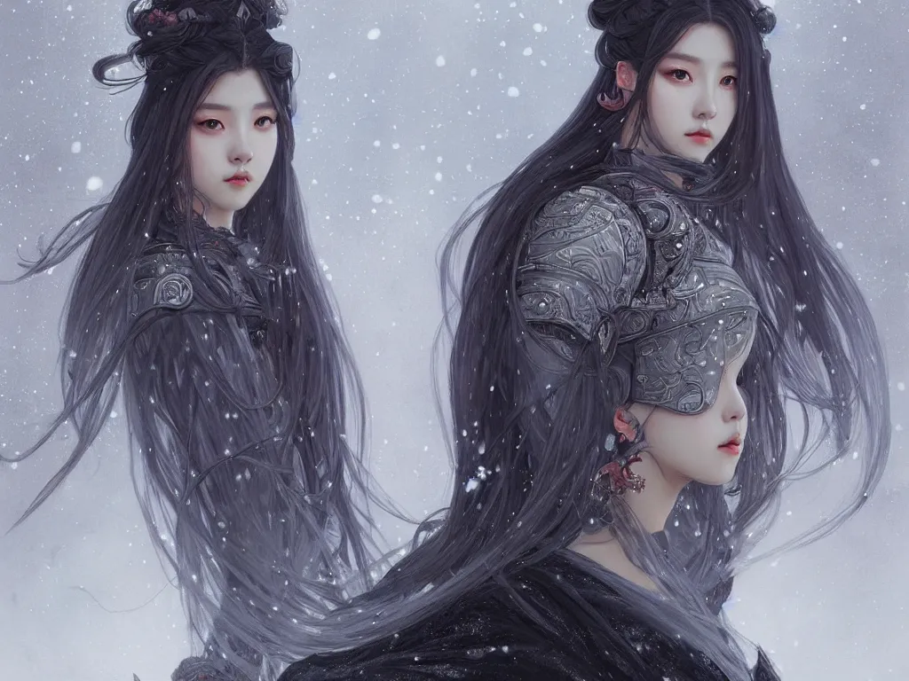 Image similar to portrait jisoo blackpink, grey hair armored samurai clothes, in torii black magic snowy night, ssci - fi and fantasy, intricate and very very beautiful and elegant, digital painting, artstation, concept art, smooth, illustration, art by tian zi and wlop and alphonse mucha