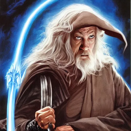 Prompt: comic book cover for'gandalf vs a puppy ', art by alex ross